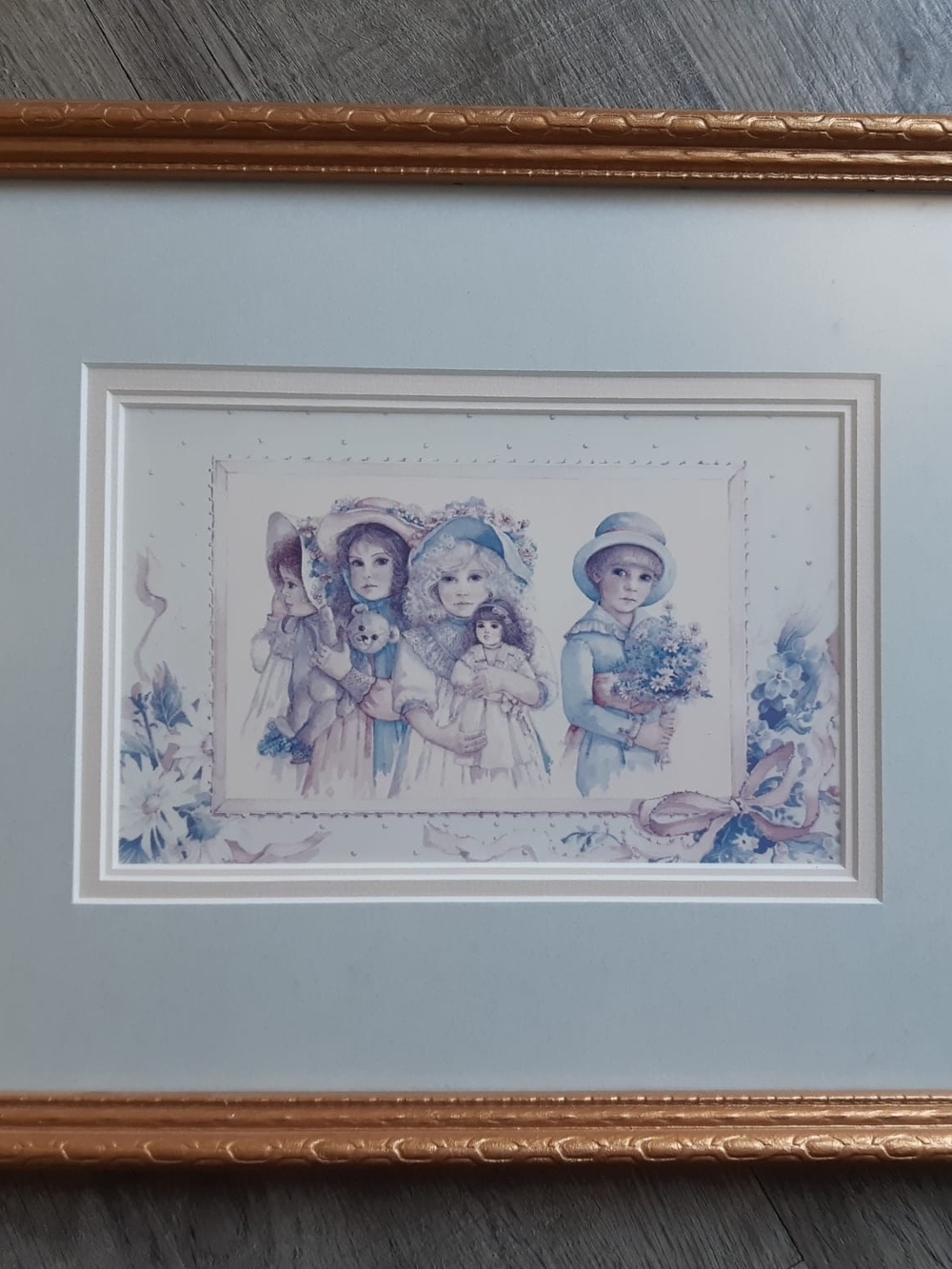 Vintage Gold Framed Pastel Children Print - Blue and Cream